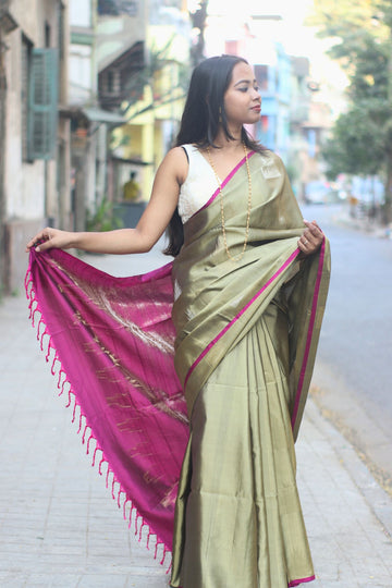 Green Pure Silk Saree with Purple Pallu